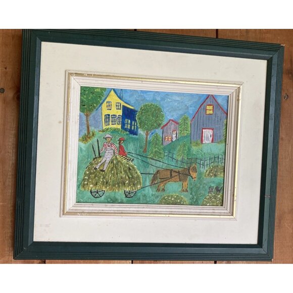 Vintage Painting On Canvas Framed French Folk Art Primitive Signed Y2K - Picture 3 of 13